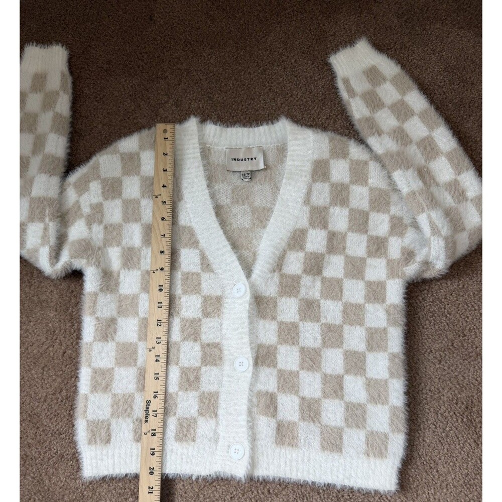 Industry Cardigan XS Cream Beige Checkered Fuzzy Cropped Button Front Sweater - Picture 8 of 13